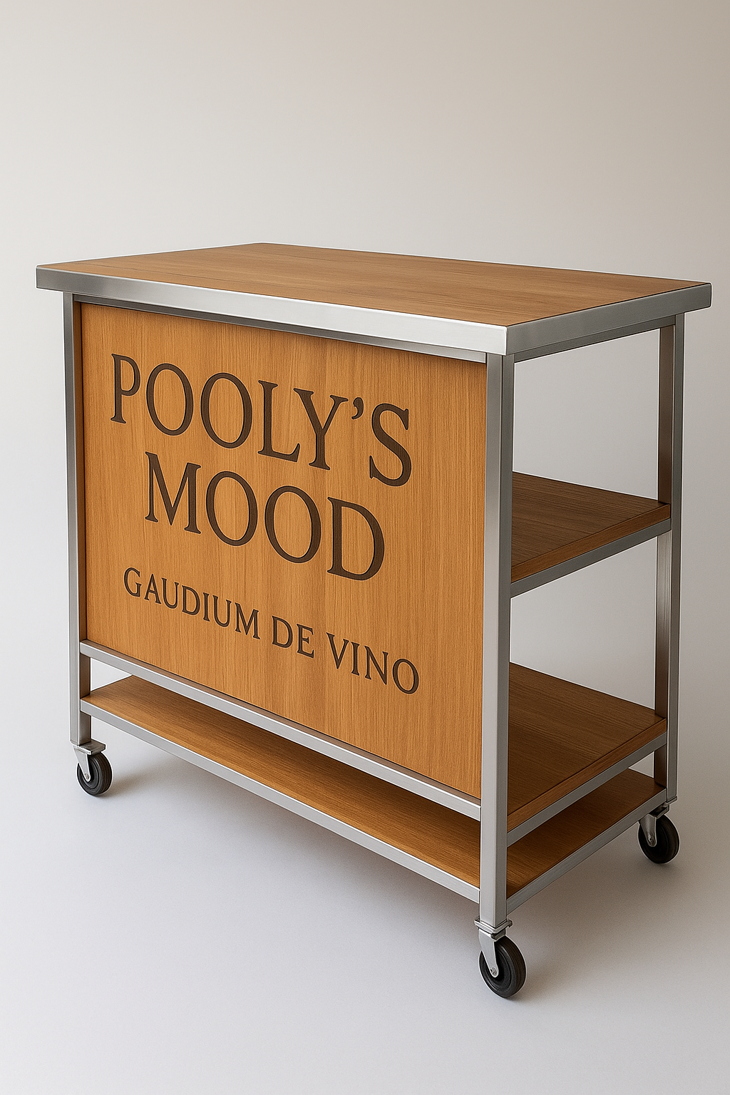 Banchetti wine storage unit with stainless steel frame and natural wood shelving, designed for versatile wine display and service in modern interiors